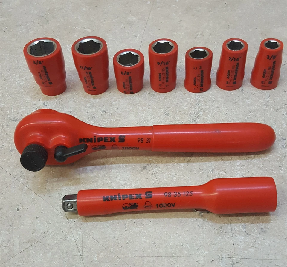 KNIPEX 9 PIECE 1000V DIPPED HANDLE RARE LOCKING SCREW RATCHET SAE SOCKET SET - Image 1 of 4