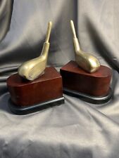 Golf Lovers Vintage Set of Brass and Wooden Bookends Heavy Duty Golfing