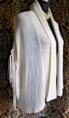 BEBE Smokey Pearl Ivory Fringed Armhole Shrug Sz M Open Sweater Loose Weave Chic - Image 1 of 4