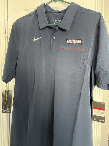 Nike UConn Huskies Navy Dri-Fit mens L large Short Sleeve Button Polo golf shirt Cover
