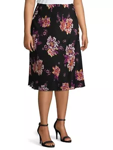 Terra & Sky Women's Plus Size Slip Skirt Black Floral 1X (16W-18W) Midi Length - Picture 1 of 5