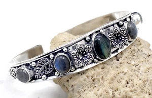 925 Sterling Silver Labradorite Gemstone Jewelry Cuff Bracelet S-ADJ - Picture 1 of 8