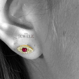 14K Gold And Ruby July Birthstone Evil Eye Studs Earrings - The Jewelz - Picture 1 of 4