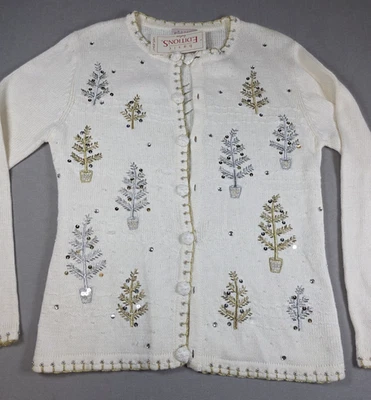 Nuevo con etiquetas Suéter de Vacaciones Vintage para Mujer Pequeño Árboles de Navidad Dorado Plata Grandmacore Foto 1 de 4