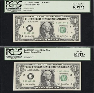 (2) Fr.1930-B* 2003A $1 Star Note Federal Reserve Note True Binary S/N - Picture 1 of 1