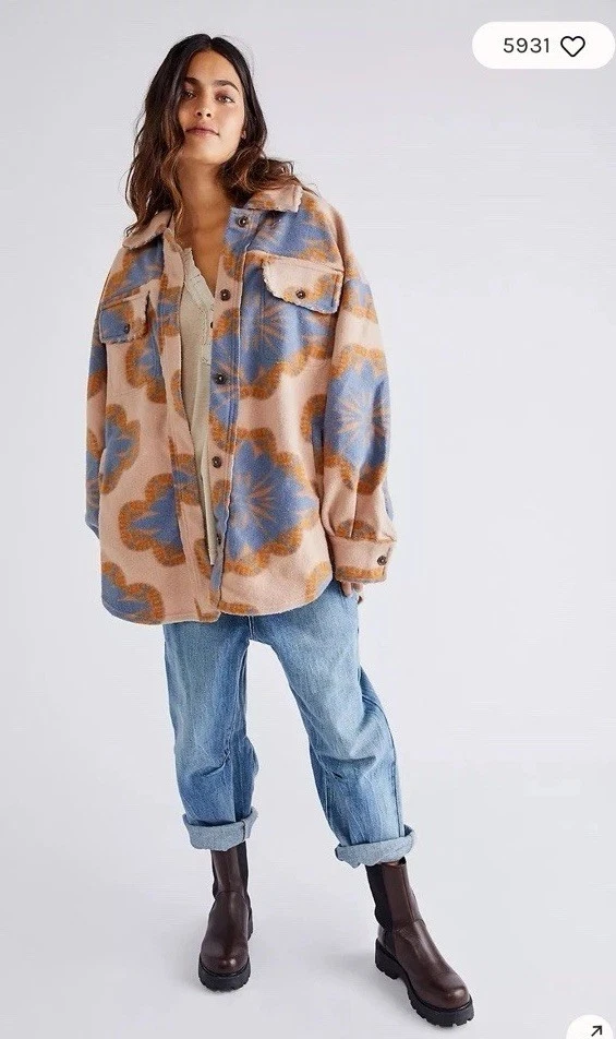 Free People Printed Jacquard Ruby Fleece Jacket Sz L NWT Oversized Boho Shacket - Image 1 of 4