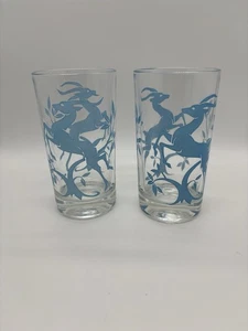 VTG Glass Gazelle Tumblers Federal Turquoise Deer Leaping Bar Highball 12 oz MCM - Picture 1 of 2