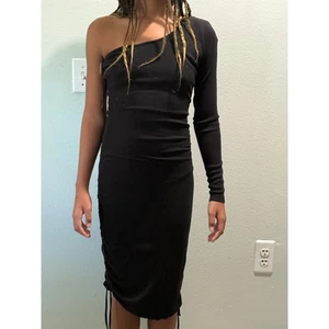 Vestido midi acanalado manga larga negro de un hombro Lyn Burches para mujer talla S - Imagen 1 de 7