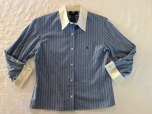 Lauren Ralph Lauren Size 10 Blue Broad Stripe Oxford Shirt Cotton Rolled Cuff  - Picture 1 of 9