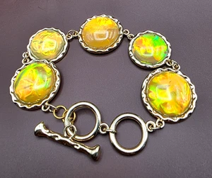 Vintage holografisches irisierendes gelbes Lucite Stil Cabochon Armband goldfarben - Bild 1 von 6