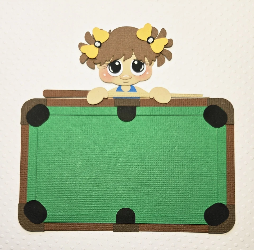 Mesa de billar niña pelo castaño. Álbum de recortes, piezas de papel para hacer tarjetas Foto 1 de 1