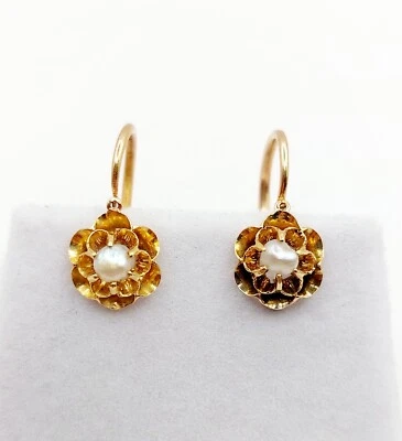 Dormeuses antique or 18k fleur ornée d'une perle (circa 1900) - Immagine 1 di 4