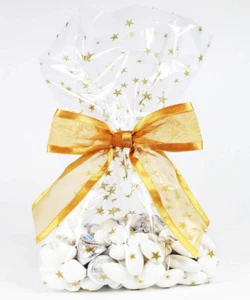 Gold Stars Christmas Holiday Cellophane Treat Party Favor Bags with Twist-Tie Or - Picture 1 of 3