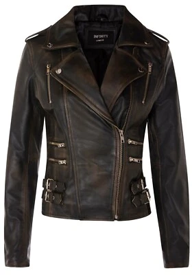 Ladies Leather Biker Jacket Black Real Lamb Nappa Vintage Gothic Buckle Jacket - Image 1 of 4