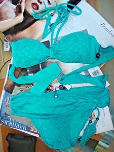 $184 NANETTE LEPORE S Turquoise Bandeau Two Piece Sash Bikini Swimsuit - Picture 1 of 12
