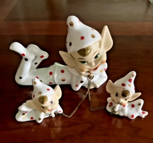 VINTAGE ANNI 50 JAPAN PIXIE ELFI A POIS INCATENATI FAMIGLIA CONNESSA / RARO 5" - Foto 1 di 14