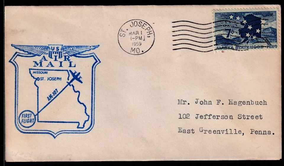 1959 First Flight CAM-107 107W90 St Joseph MO - Kansas City KS cachet 107m - Image 1 of 1