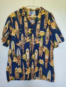 Vintage RJC Men's L Blue Hawaiian Tiki Surfboard Aloha Shirt (D-1) - Picture 1 of 3