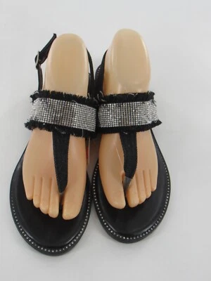Women's Rouge Black Denim Jean Flat w/Rhinestones Sandals Size 7.5: New!! - Image 1 of 4