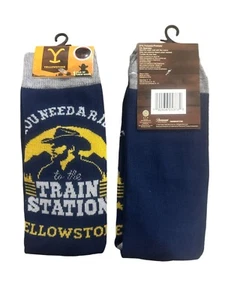 Train Station Yellowstone Crew Socks Men's (6-12 Shoe Size) Blue Gray Yellow - Picture 1 of 1