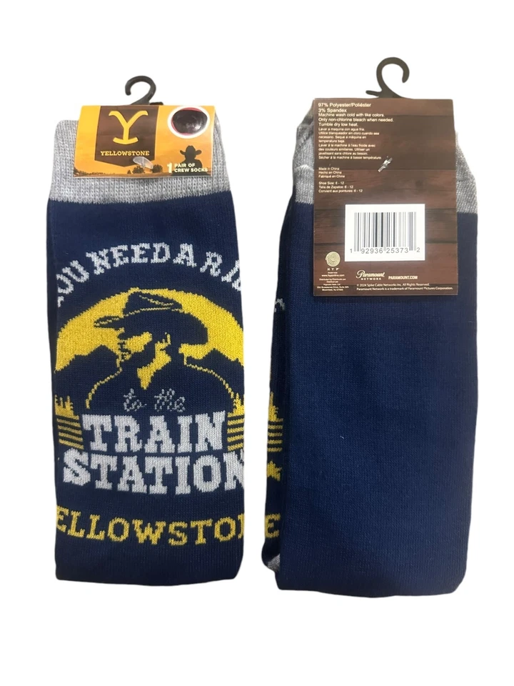 Meias masculinas Train Station Yellowstone Crew (tamanho de sapato 6-12) azul cinza amarelo - Imagem 1 de 1