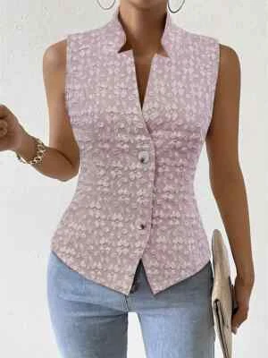 Ladies Waistcoat, Woman's Waistcoat, Elegant Pink Color V-Neck Sleeveless Tops - Image 1 of 3