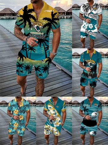 Jacksonville Jaguars Men's Hawaiian Tops Workout Board Shorts 2PCS Tracksuits Cover