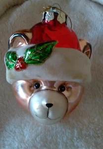 Testa di orsacchiotto vintage grande 4" in vetro soffiato con cappello Babbo Natale ornamento natalizio - Foto 1 di 7
