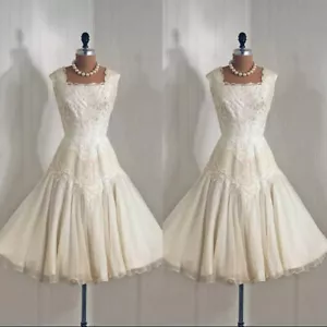 Short Wedding Dresses Tea Length Sleeveless Ivory Lace 1960s 70s Bridal Gowns - Picture 1 of 10