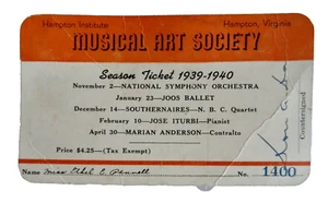 MUSICAL ART SOCIETY HAMPTON VIRGINIA BOLETO DE TEMPORADA 1940 BALLET SINFÓNICO neocurio - Imagen 1 de 6