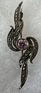 Vintage Pink Amethyst Markasite + .925 Sterling Silver Pin Brooch 2.25” - Picture 1 of 9