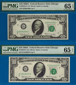 1969A $10 Federal Reserve Note PMG 65EPQ 2 notes plain star Fr 2019-G* Fr 2019-G - Picture 1 of 4