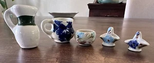 vintage miniature handmade ceramics, Bouquet Basket, Pitcher , Bowl, Lot Of 5 - Picture 1 of 9