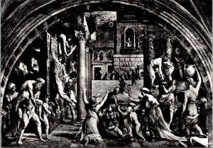 Cartolina fotografica reale RPPC incendio a Bourg Raffaello Città del Vaticano - Foto 1 di 2