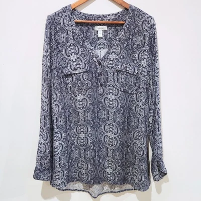 Dressbarn Womens Blue Paisley Floral V Neck Long Sleeve Button Up Blouse Size 2X - Image 1 of 4