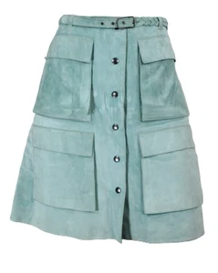 BOTTEGA VENETA Seafoam Blue Suede Cargo Pocket Belted A-Line Skirt 46 - Picture 1 of 14