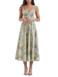 Women Summer Casual Midi Dress Floral Print Low-Cut Sleeveless Sling Sweet Dres - Picture 1 of 9