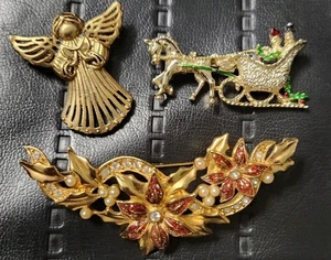 Prendedores vintage de Navidad dorado (3) flores Avon trineo de Gerry Danecraft ángel  - Imagen 1 de 13