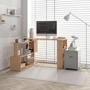 360° Rotating Home Office Corner Desk and Storage Shelf Combo L-Shaped Table - Picture 1 of 11
