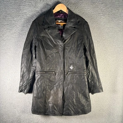 Chaqueta Abrigo Largo Harley-Davidson Mujer M Cuero Negro Vintage Trench Foto 1 de 4