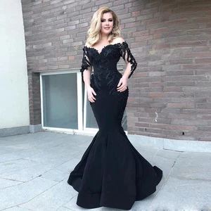 Black Mermaid Gown Sheer Neck Satin Evening Dresses Long Sleeve Beaded PromDress - Picture 1 of 6
