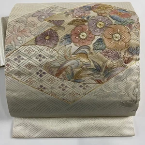 Nagoya Obi Elegant Cream Silk Gold Thread & Foil Floral & Tuna Design - Picture 1 of 6