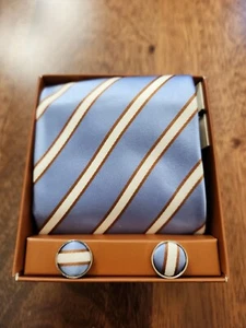 Y & G Blue White Striped Silk Tie With Matching Cufflinks NWT - Picture 1 of 4