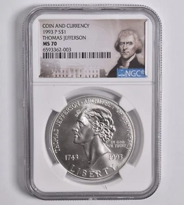 MS70 1993-P Jefferson Commem. Silver Dollar Coin & Currency NGC Face Lbl - Picture 1 of 5