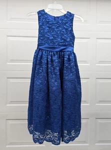 Crayon Kids Girls Royal Blue Sequins Dress Formal Party Floral Big Bow Size 9/10 - Picture 1 of 8