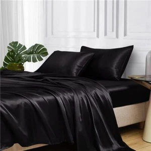 Black Satin Bed Sheets Pillow Covers Luxurious Queen Size Silky Bedding Set 4Pcs - Picture 1 of 6