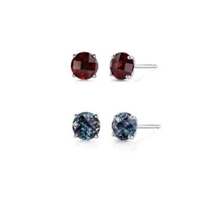 18k White Gold Plated 3Ct Created Garnet And Alexandrite CZ 2 Pair Earrings - Picture 1 of 6