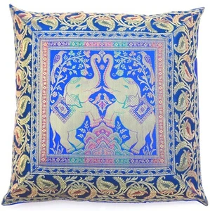 Royal Blue Indian Handmade Cushion/Pillow Cover Silk Brocade Elephant Throw 16"  - Picture 1 of 6