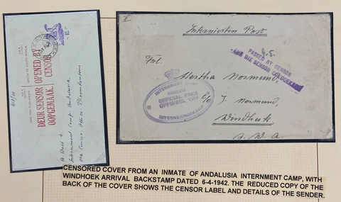 1942 Andalusia Interment Camp South West Africa Censored Cover To Windhoek Cover