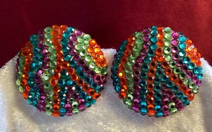 RICHARD KERR Clip Earrings Round Multicolor Pave Rhinestone Statement - Picture 1 of 5